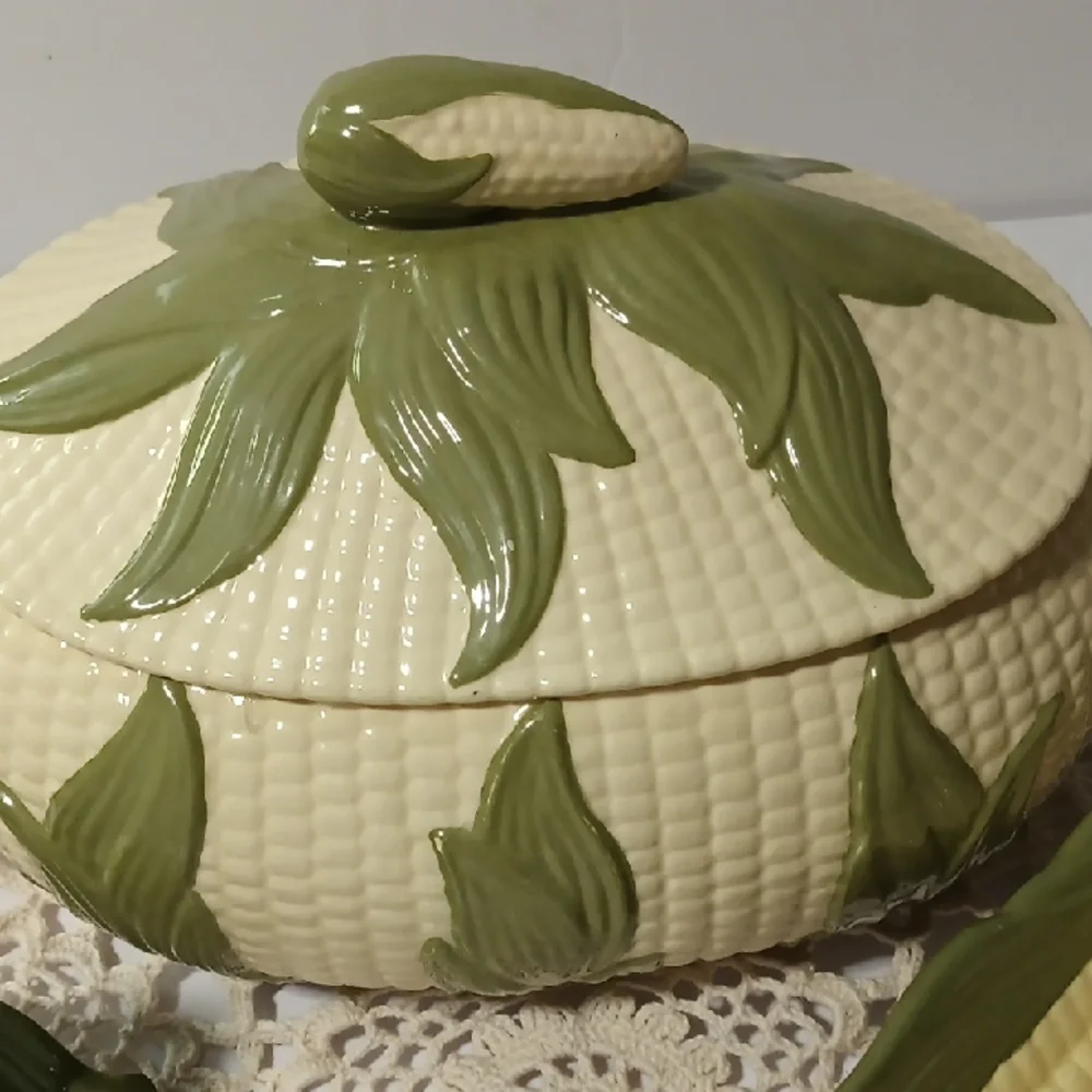 Vintage MCM Ceramic Corn Design Dish Set with Lid and Salt Shakers